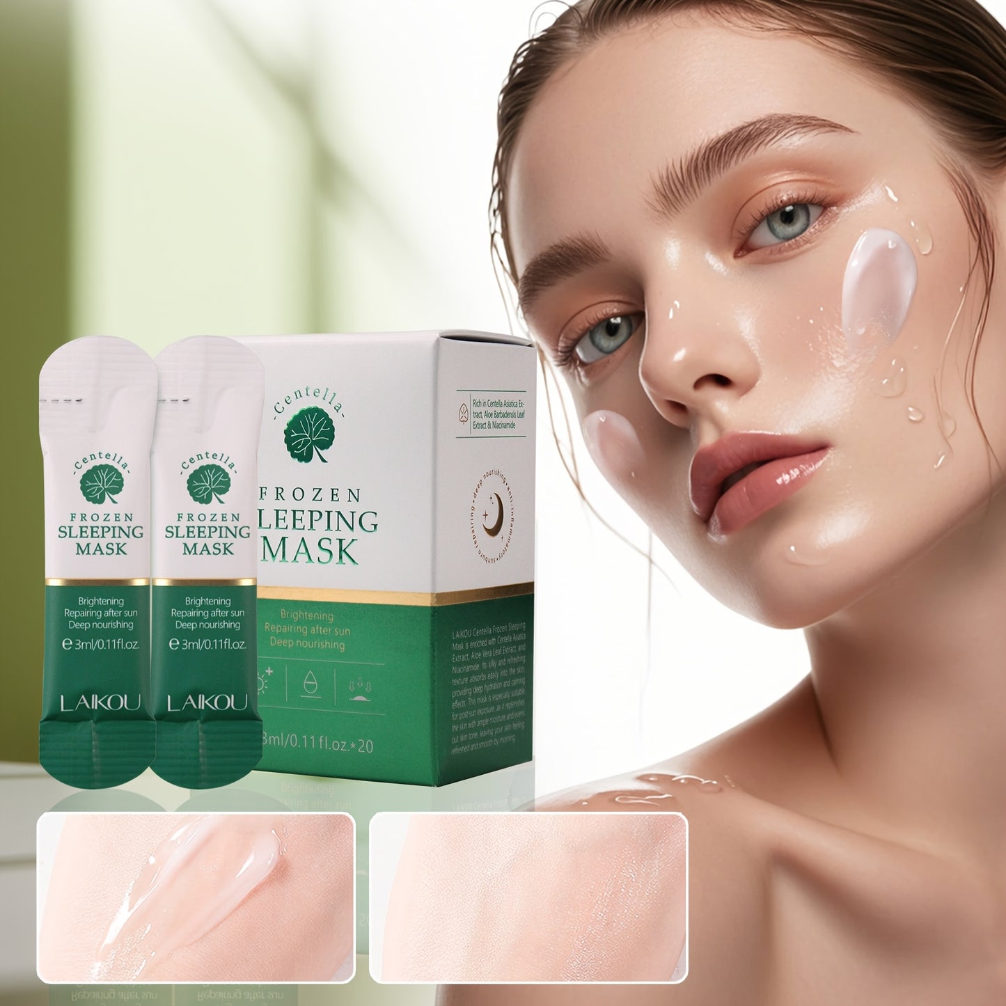 20pcs Centella Asiatica Moisturizing & Firming Sleeping Mask - Hydrating, Fragrance-Free, Hypoallergenic, Plant-Based Formula for All Light Beige Types, Unisex Adult Skincare, Skincare Routine, Sleek Packaging, Natural Ingred