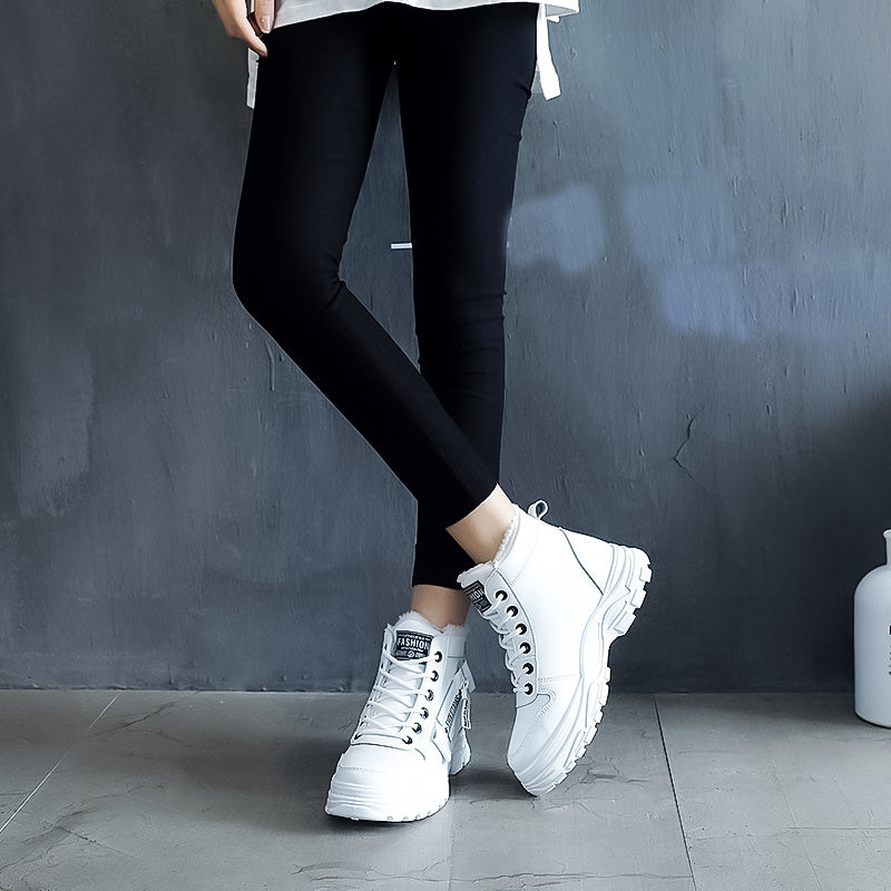 Women'S Winter High-Top Boots - Warm Fleece-Lined Ankle Boots with Thick Rubber Sole, Lace-Up Casual Style, White & Beige, Perfect for Cold Weather Comfort, Winter Boots