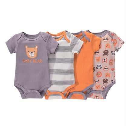 Newborn Baby Short Sleeve One-Piece Suit 4pcs Set with Alphabet Print and Embroidery Triangle Climbing Suit Ha Clothes Set 0-9 Months Baby Clothes