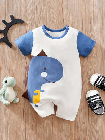 Baby Boys' Short Sleeve Romper Jumpsuit - Cute Cartoon Crocodile Print, White & Blue Trim, Breathable Summer Outfit, Easy Hand Wash Care, Regular Fit Infant Clothing, Baby Boy Outfits, Spring Infant Wear, Soft Texture Materia