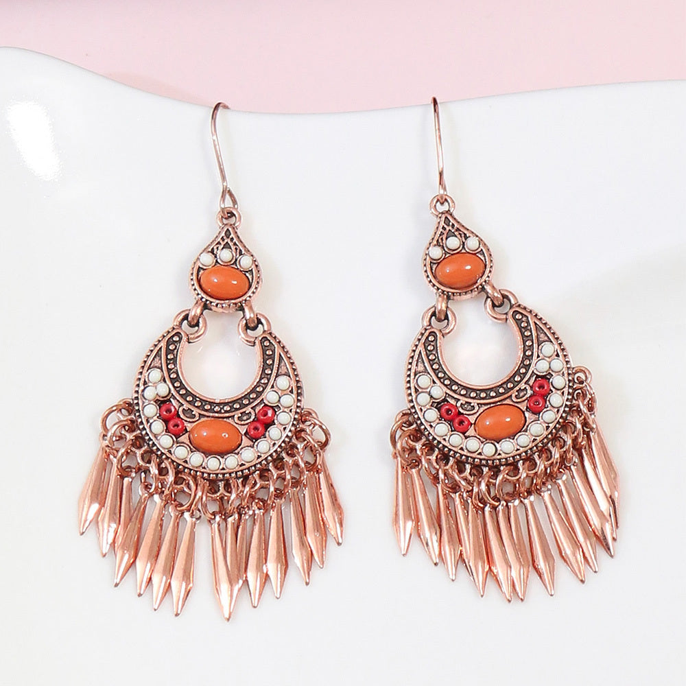 1 Pair Vintage Champagne Geometric Hollow Pendant Turquoise Beaded Tassel Earrings