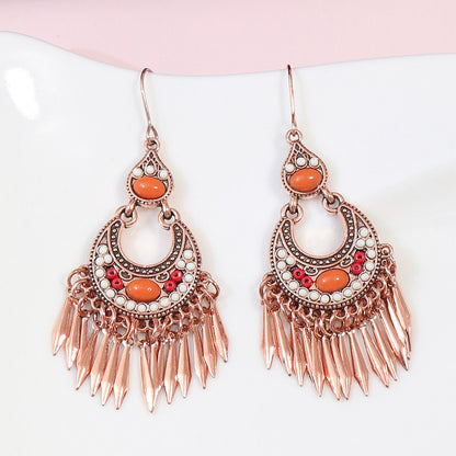 1 Pair Vintage Champagne Geometric Hollow Pendant Turquoise Beaded Tassel Earrings