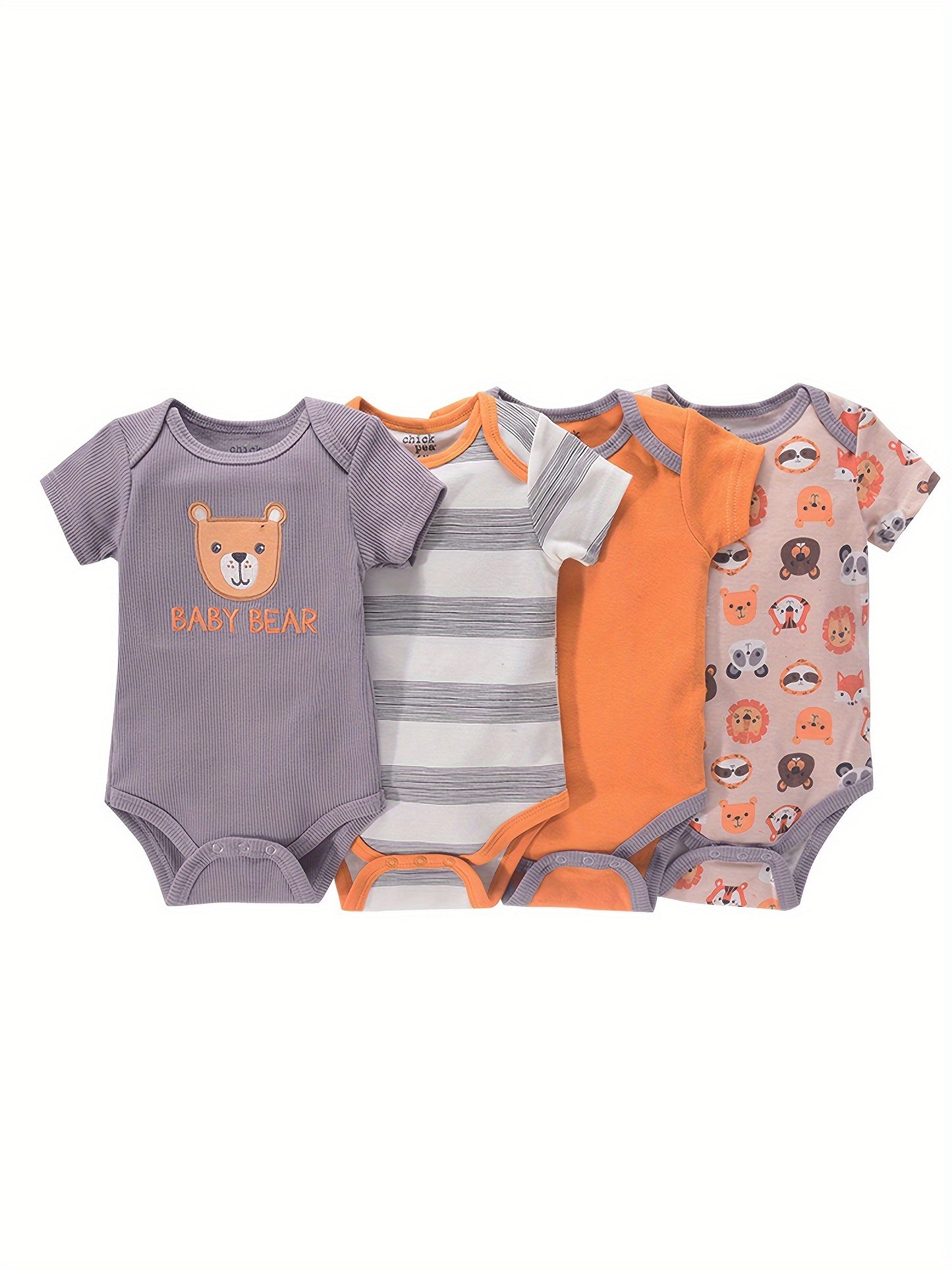 Newborn Baby Short Sleeve One-Piece Suit 4pcs Set with Alphabet Print and Embroidery Triangle Climbing Suit Ha Clothes Set 0-9 Months Baby Clothes
