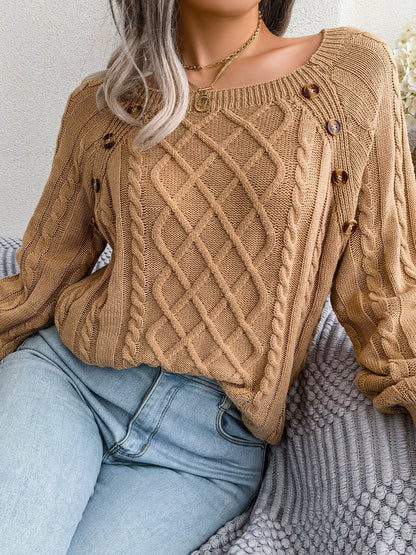 Women's Sweater Round Neck Texture Button Lantern Sleeve Sweater