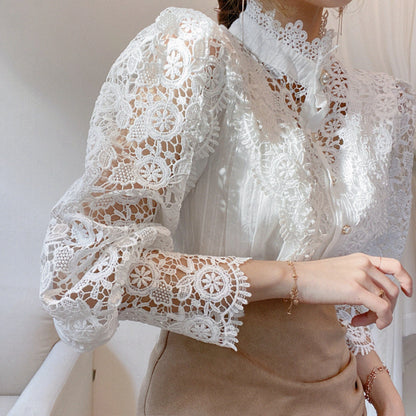Ladies' Victorian-style Pearl Button Shirt, Lace Puff Sleeve Cute Commuter Casual Top