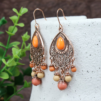 1 Pair Vintage Champagne Geometric Hollow Pendant Turquoise Beaded Tassel Earrings