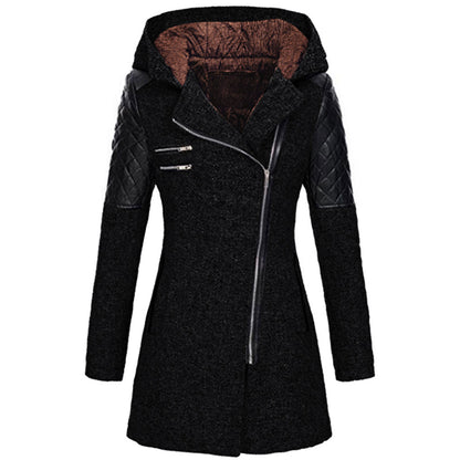 Women Warm Slim Full Zipper Coat Thick Woolen Coat Female Fall Winter Windbreaker Hooded Diagonal Zipper Women's Clothing