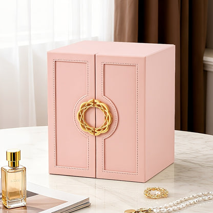 1 Large Faux Leather Jewelry Organizer Box with 5 Drawers & Golden-Tone Handles - Elegant Rectangular Storage for Rings, Necklaces, Bracelets, Earrings, Watches - Soft Fabric-Lined Interior, Side Door Access, Textured Finish