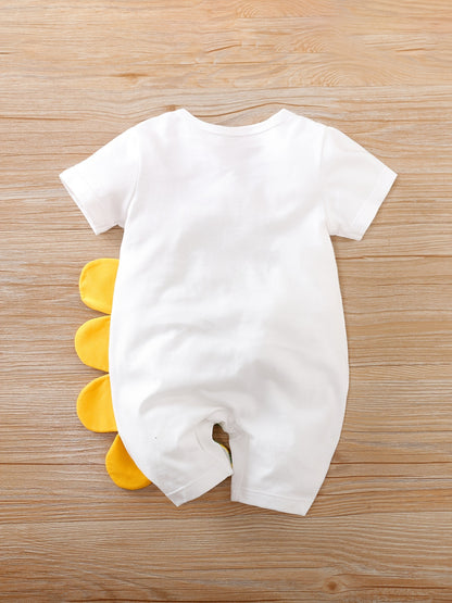 Baby Boys' Short Sleeve Romper Jumpsuit - Cute Cartoon Crocodile Print, White & Blue Trim, Breathable Summer Outfit, Easy Hand Wash Care, Regular Fit Infant Clothing, Baby Boy Outfits, Spring Infant Wear, Soft Texture Materia