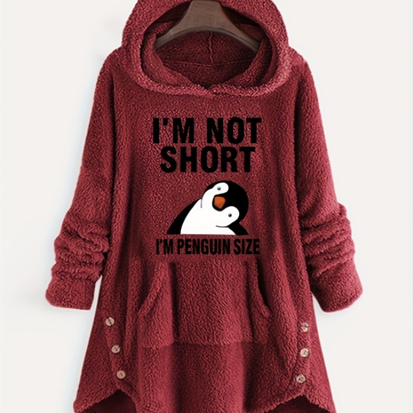 Winter Plush Hooded Sweatshirt - Oversized Casual Pullover with Cartoon Penguin Graphic & "I'm Not Short I'm Penguin Size" Text, 100% Polyester, Machine Washable, Grey