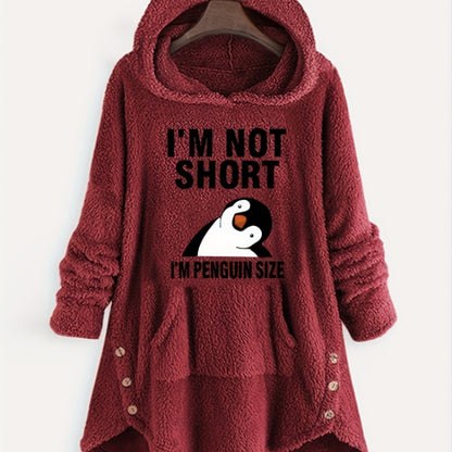 Winter Plush Hooded Sweatshirt - Oversized Casual Pullover with Cartoon Penguin Graphic & "I'm Not Short I'm Penguin Size" Text, 100% Polyester, Machine Washable, Grey