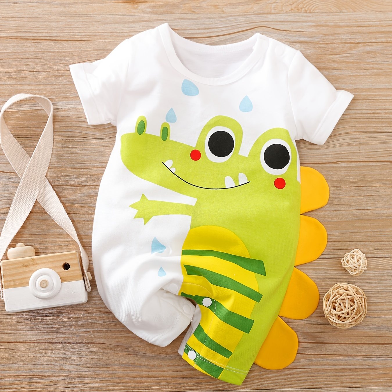 Baby Boys' Short Sleeve Romper Jumpsuit - Cute Cartoon Crocodile Print, White & Blue Trim, Breathable Summer Outfit, Easy Hand Wash Care, Regular Fit Infant Clothing, Baby Boy Outfits, Spring Infant Wear, Soft Texture Materia