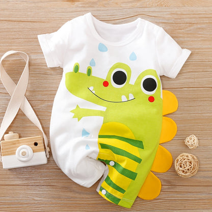 Baby Boys' Short Sleeve Romper Jumpsuit - Cute Cartoon Crocodile Print, White & Blue Trim, Breathable Summer Outfit, Easy Hand Wash Care, Regular Fit Infant Clothing, Baby Boy Outfits, Spring Infant Wear, Soft Texture Materia