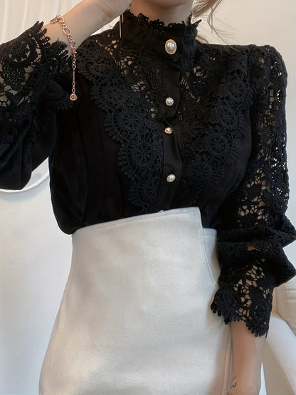 Ladies' Victorian-style Pearl Button Shirt, Lace Puff Sleeve Cute Commuter Casual Top
