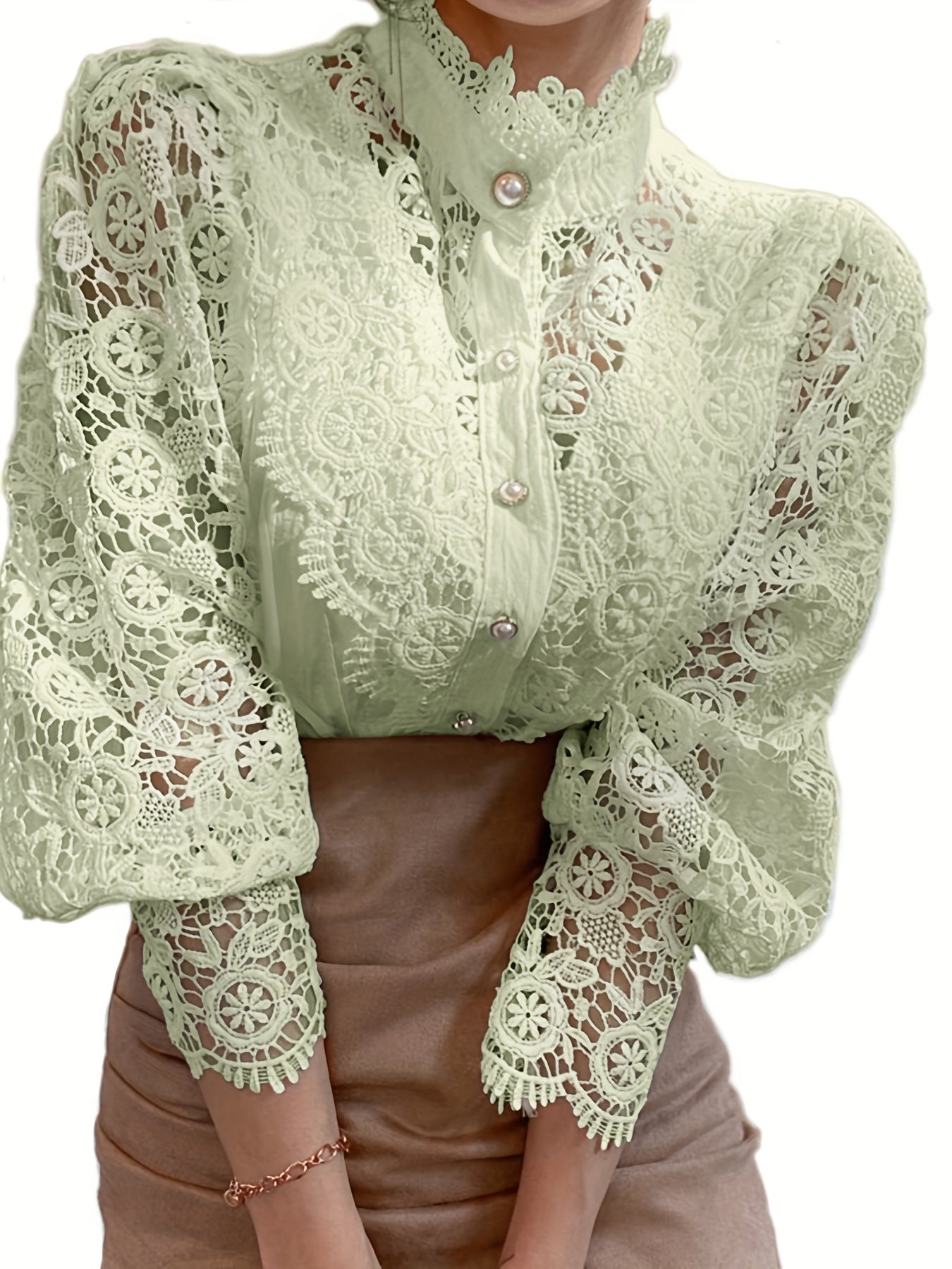 Ladies' Victorian-style Pearl Button Shirt, Lace Puff Sleeve Cute Commuter Casual Top