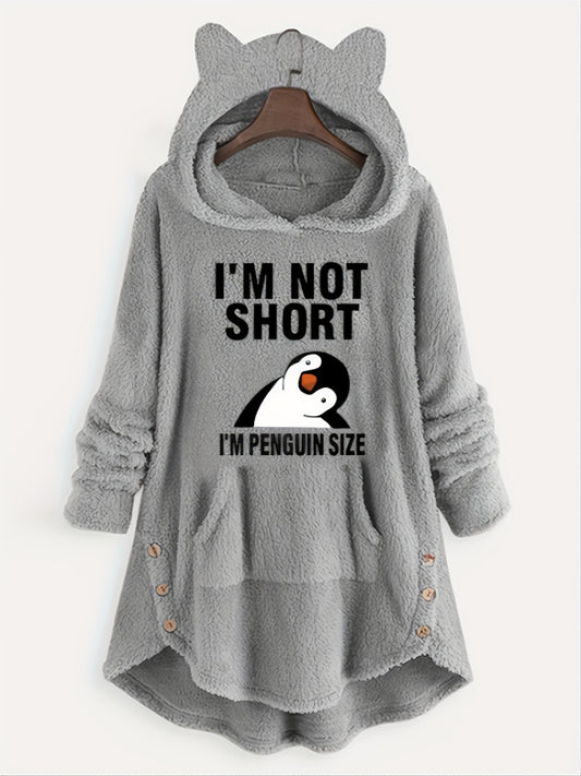 Winter Plush Hooded Sweatshirt - Oversized Casual Pullover with Cartoon Penguin Graphic & "I'm Not Short I'm Penguin Size" Text, 100% Polyester, Machine Washable, Grey
