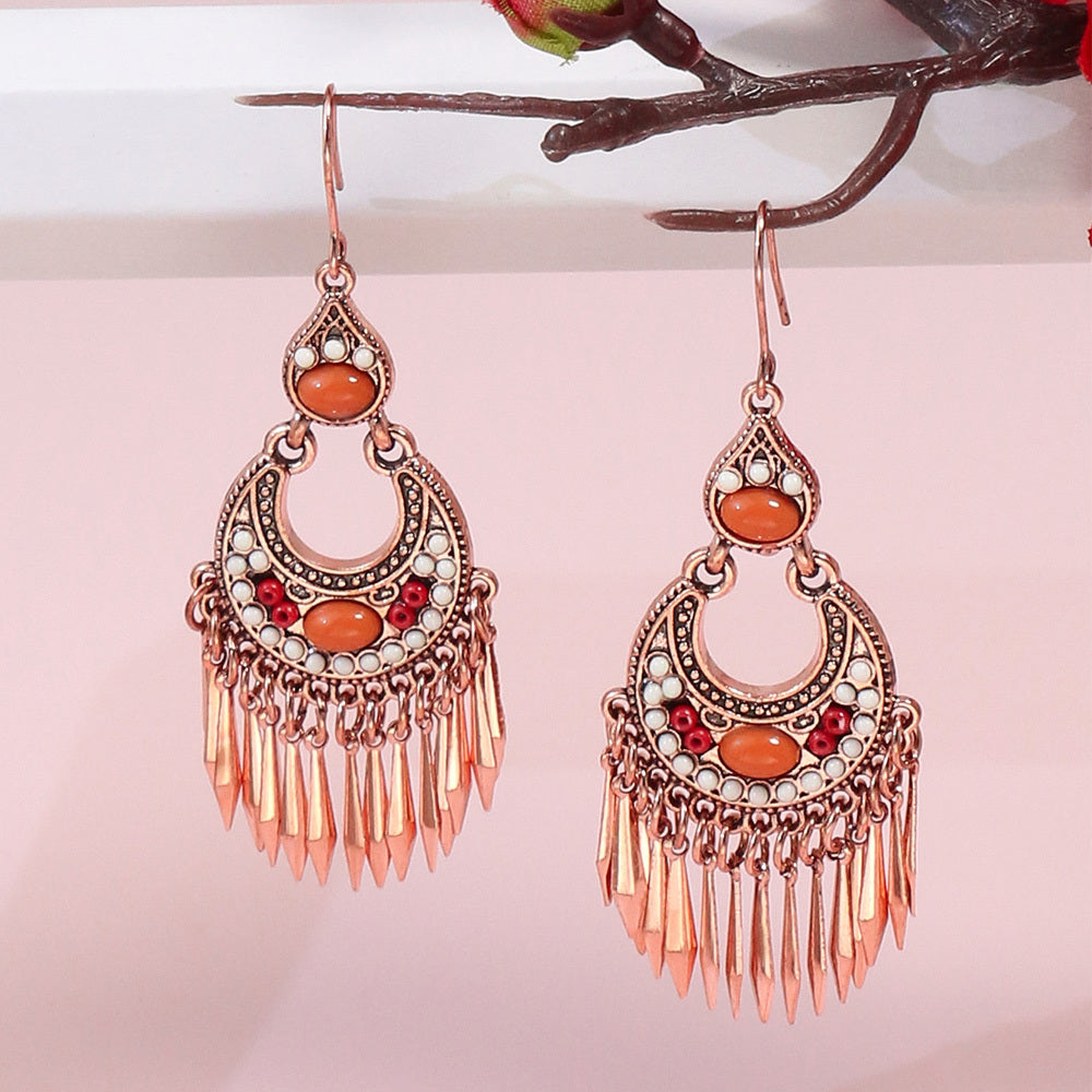 1 Pair Vintage Champagne Geometric Hollow Pendant Turquoise Beaded Tassel Earrings