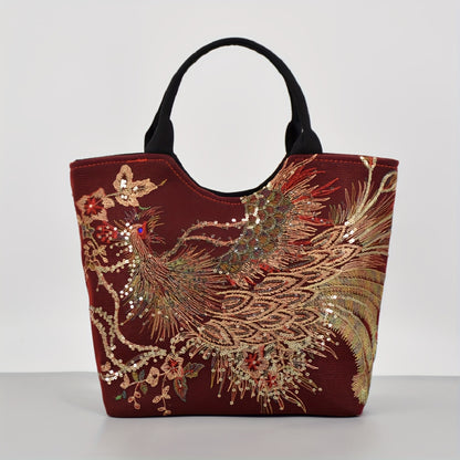 [Wo 'S Embroidered Bag] Retro Style Wo 'S Embroidered Satchel Bag, Fashion Double Handle Purse with Removable Strap