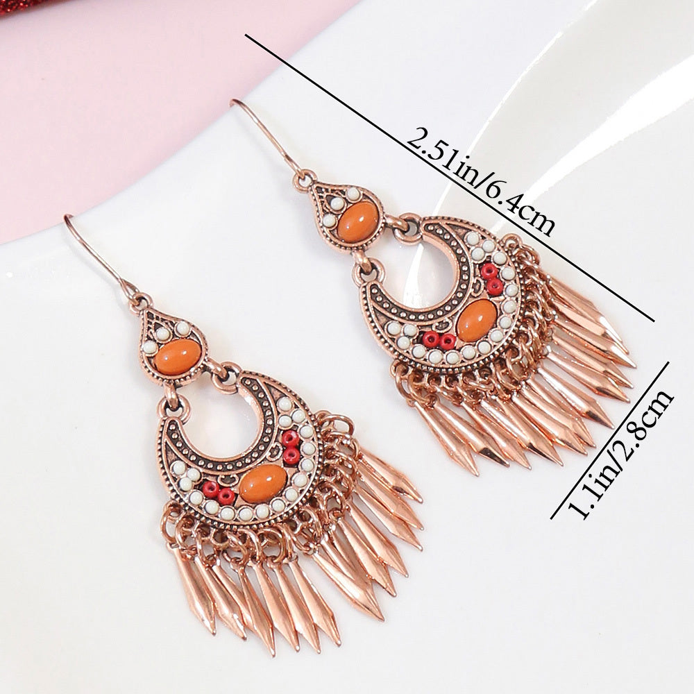 1 Pair Vintage Champagne Geometric Hollow Pendant Turquoise Beaded Tassel Earrings