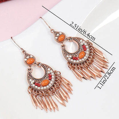 1 Pair Vintage Champagne Geometric Hollow Pendant Turquoise Beaded Tassel Earrings