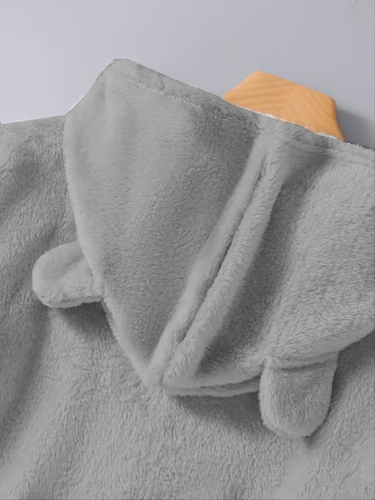 Winter Plush Hooded Sweatshirt - Oversized Casual Pullover with Cartoon Penguin Graphic & "I'm Not Short I'm Penguin Size" Text, 100% Polyester, Machine Washable, Grey