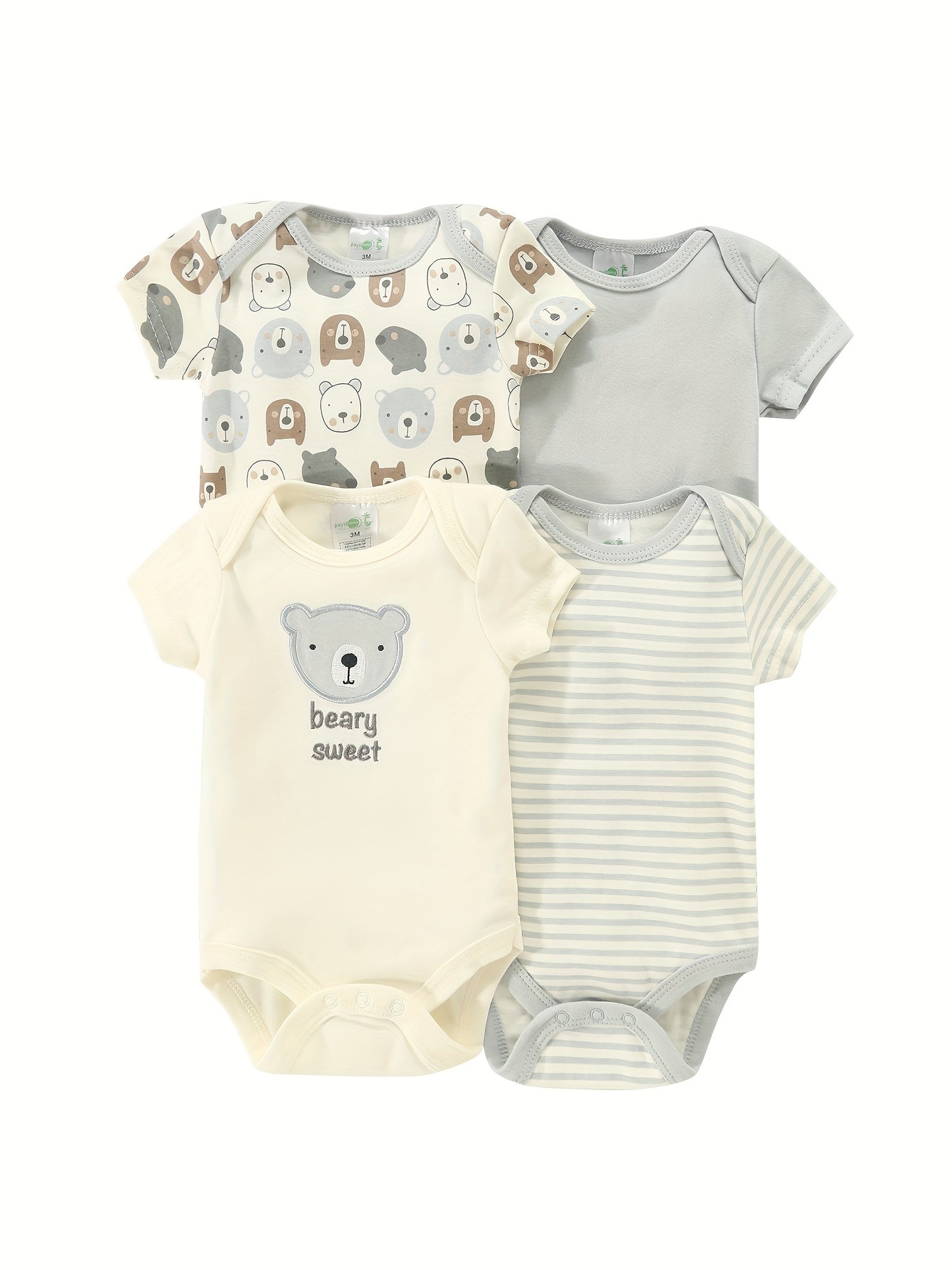 Newborn Baby Short Sleeve One-Piece Suit 4pcs Set with Alphabet Print and Embroidery Triangle Climbing Suit Ha Clothes Set 0-9 Months Baby Clothes