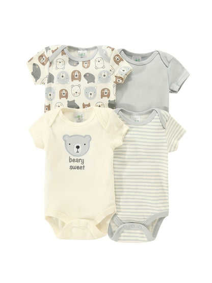 Newborn Baby Short Sleeve One-Piece Suit 4pcs Set with Alphabet Print and Embroidery Triangle Climbing Suit Ha Clothes Set 0-9 Months Baby Clothes