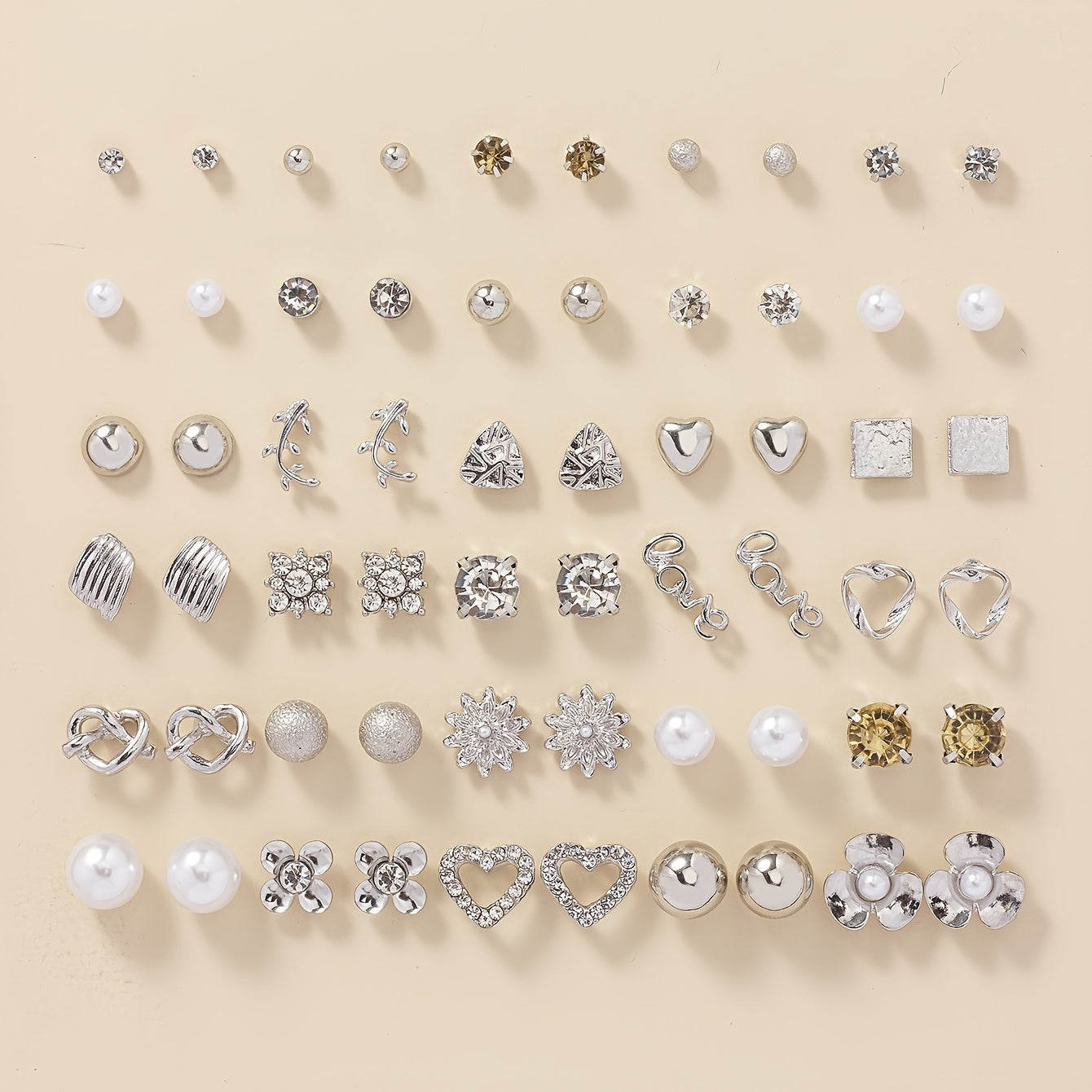 A Set of 30 Pairs of Stylish Alloy Heart-Shaped Faux Gemstone Letter Earrings.