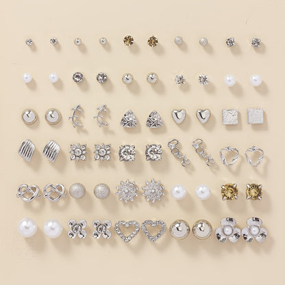A Set of 30 Pairs of Stylish Alloy Heart-Shaped Faux Gemstone Letter Earrings.