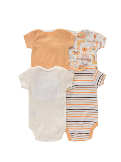 Newborn Baby Short Sleeve One-Piece Suit 4pcs Set with Alphabet Print and Embroidery Triangle Climbing Suit Ha Clothes Set 0-9 Months Baby Clothes