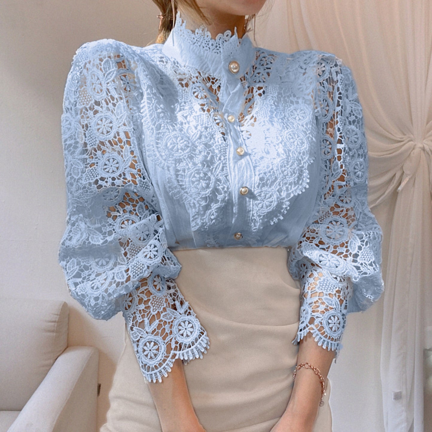 Ladies' Victorian-style Pearl Button Shirt, Lace Puff Sleeve Cute Commuter Casual Top