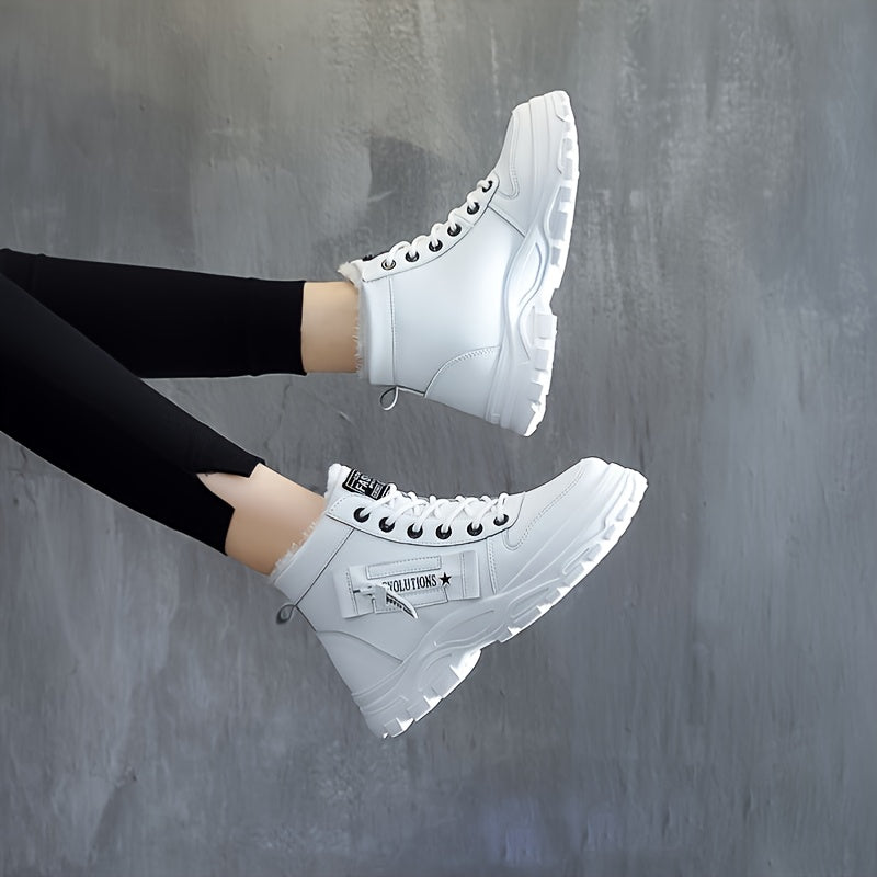 Women'S Winter High-Top Boots - Warm Fleece-Lined Ankle Boots with Thick Rubber Sole, Lace-Up Casual Style, White & Beige, Perfect for Cold Weather Comfort, Winter Boots