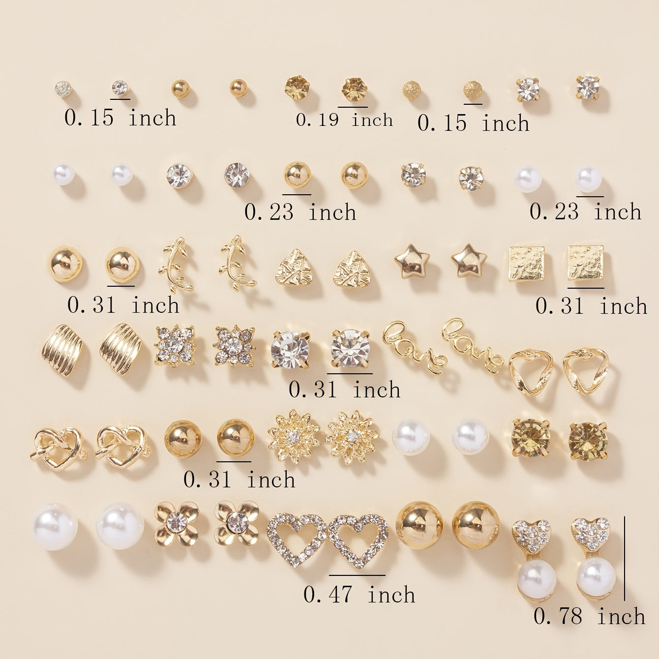 A Set of 30 Pairs of Stylish Alloy Heart-Shaped Faux Gemstone Letter Earrings.