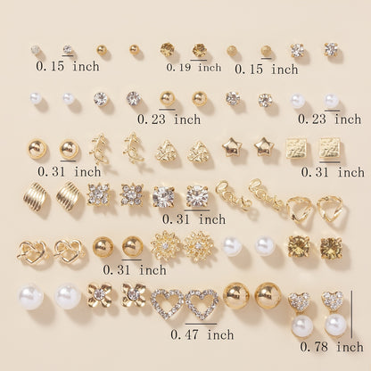 A Set of 30 Pairs of Stylish Alloy Heart-Shaped Faux Gemstone Letter Earrings.