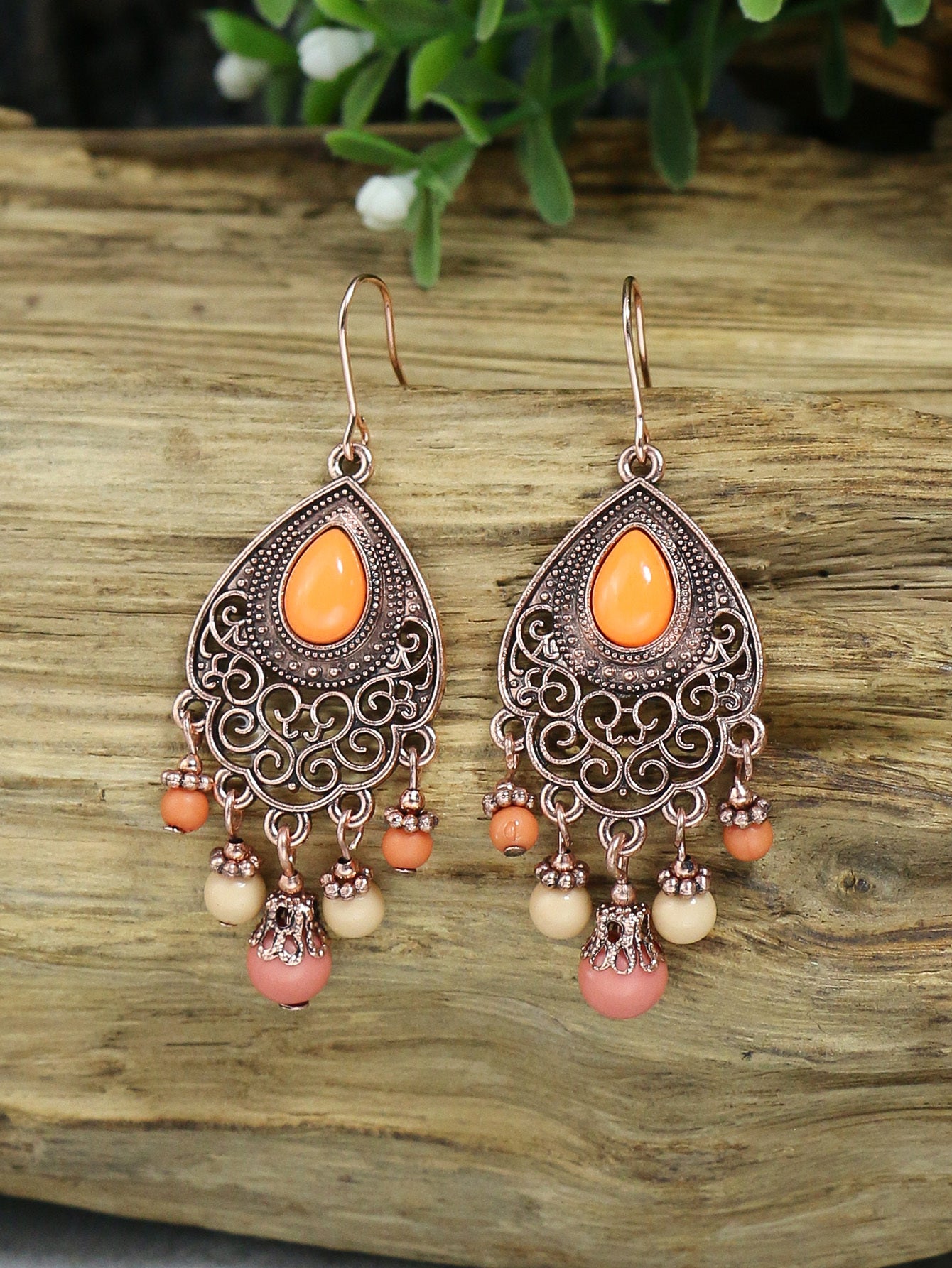 1 Pair Vintage Champagne Geometric Hollow Pendant Turquoise Beaded Tassel Earrings