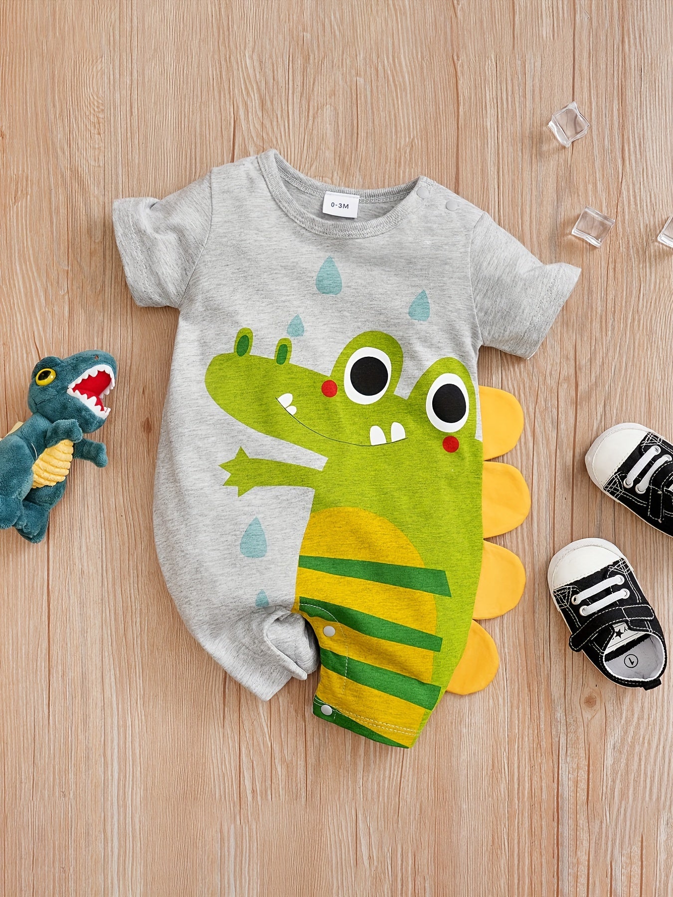 Baby Boys' Short Sleeve Romper Jumpsuit - Cute Cartoon Crocodile Print, White & Blue Trim, Breathable Summer Outfit, Easy Hand Wash Care, Regular Fit Infant Clothing, Baby Boy Outfits, Spring Infant Wear, Soft Texture Materia