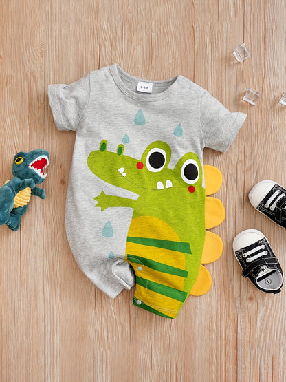 Baby Boys' Short Sleeve Romper Jumpsuit - Cute Cartoon Crocodile Print, White & Blue Trim, Breathable Summer Outfit, Easy Hand Wash Care, Regular Fit Infant Clothing, Baby Boy Outfits, Spring Infant Wear, Soft Texture Materia