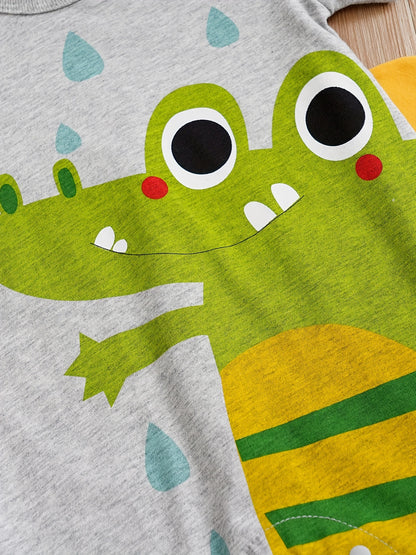 Baby Boys' Short Sleeve Romper Jumpsuit - Cute Cartoon Crocodile Print, White & Blue Trim, Breathable Summer Outfit, Easy Hand Wash Care, Regular Fit Infant Clothing, Baby Boy Outfits, Spring Infant Wear, Soft Texture Materia