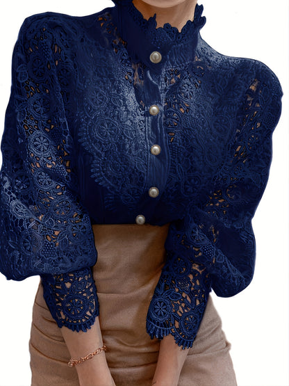 Ladies' Victorian-style Pearl Button Shirt, Lace Puff Sleeve Cute Commuter Casual Top