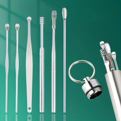 6pcs Stainless Steel Ear Cleaning Tool Set, Hypoallergenic Ear Spoons, Unisex Adult Ear Pick Kit for Daily Skin Care, Spiral Ear Wax Removal Accessories