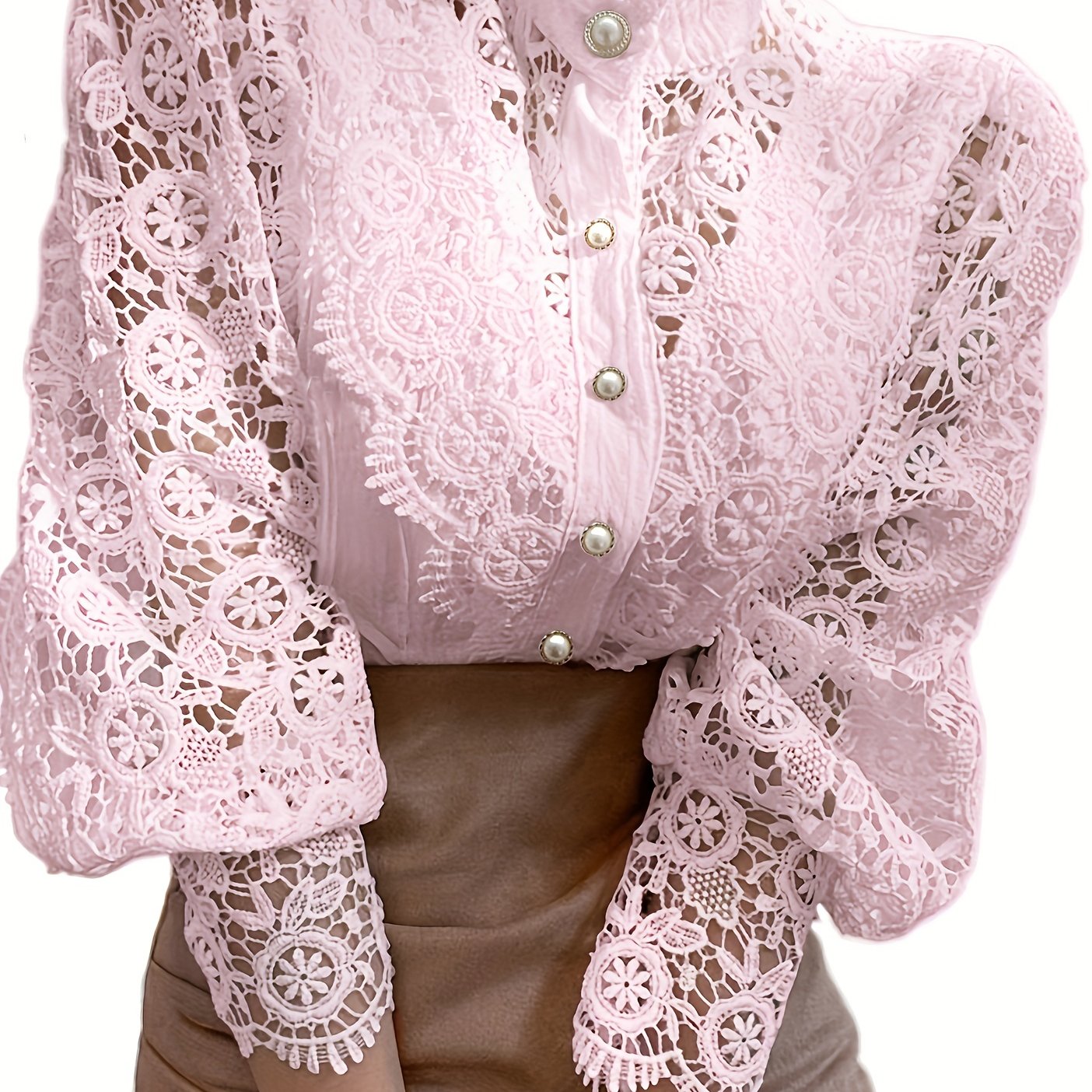 Ladies' Victorian-style Pearl Button Shirt, Lace Puff Sleeve Cute Commuter Casual Top