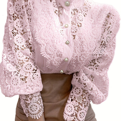 Ladies' Victorian-style Pearl Button Shirt, Lace Puff Sleeve Cute Commuter Casual Top