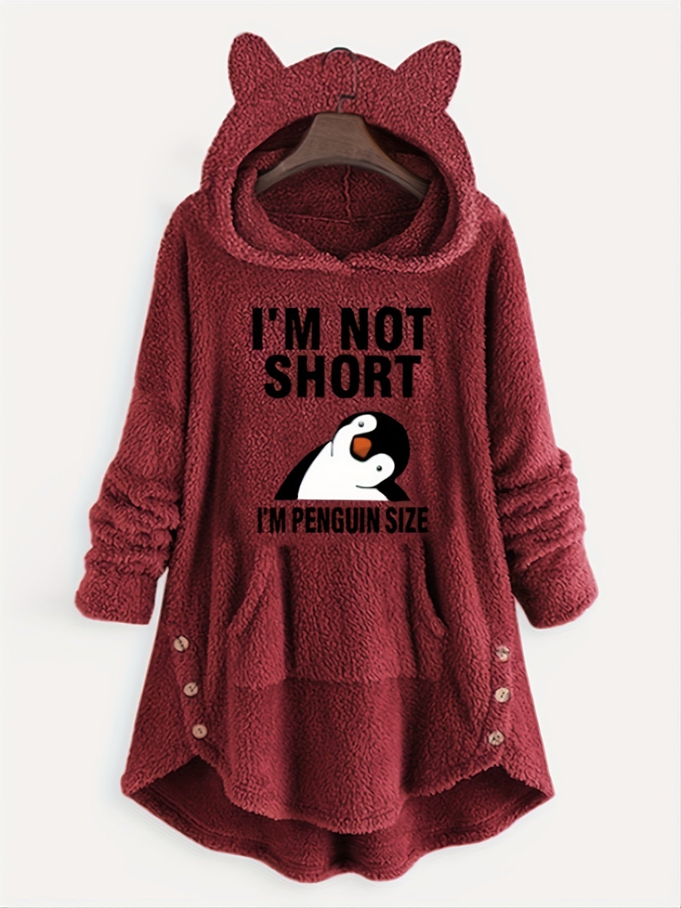 Winter Plush Hooded Sweatshirt - Oversized Casual Pullover with Cartoon Penguin Graphic & "I'm Not Short I'm Penguin Size" Text, 100% Polyester, Machine Washable, Grey