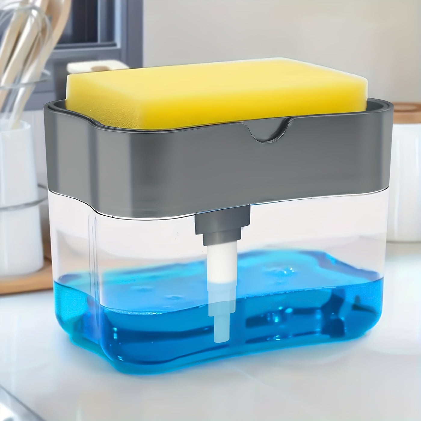 1pc Modern ABS Plastic Dish Soap Dispenser with Sponge Holder, Hand Wash Only, Lightweight Square Kitchen Sink Accessory, Space-Themed Solid Color Design