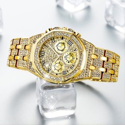Luxury Golden-Tone Women's Rhinestone Watch with Roman Numerals, Quartz Movement, and Sparkling Bezel - Elegant Business Style Analog Display, Formal Timepiece | Classic Elegance | Durable Bracelet