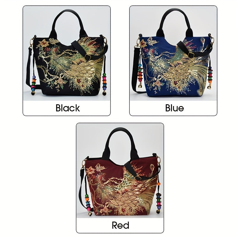 [Wo 'S Embroidered Bag] Retro Style Wo 'S Embroidered Satchel Bag, Fashion Double Handle Purse with Removable Strap