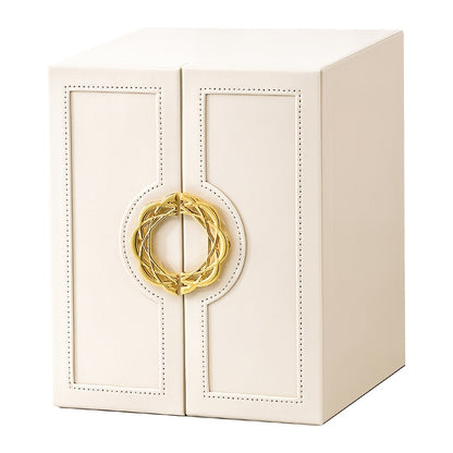 1 Large Faux Leather Jewelry Organizer Box with 5 Drawers & Golden-Tone Handles - Elegant Rectangular Storage for Rings, Necklaces, Bracelets, Earrings, Watches - Soft Fabric-Lined Interior, Side Door Access, Textured Finish