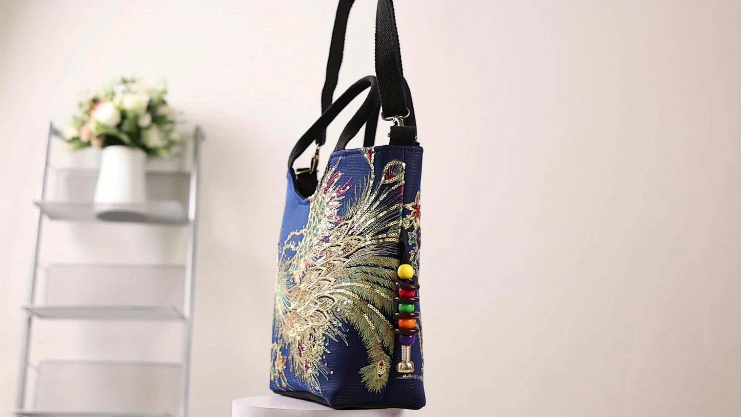[Wo 'S Embroidered Bag] Retro Style Wo 'S Embroidered Satchel Bag, Fashion Double Handle Purse with Removable Strap