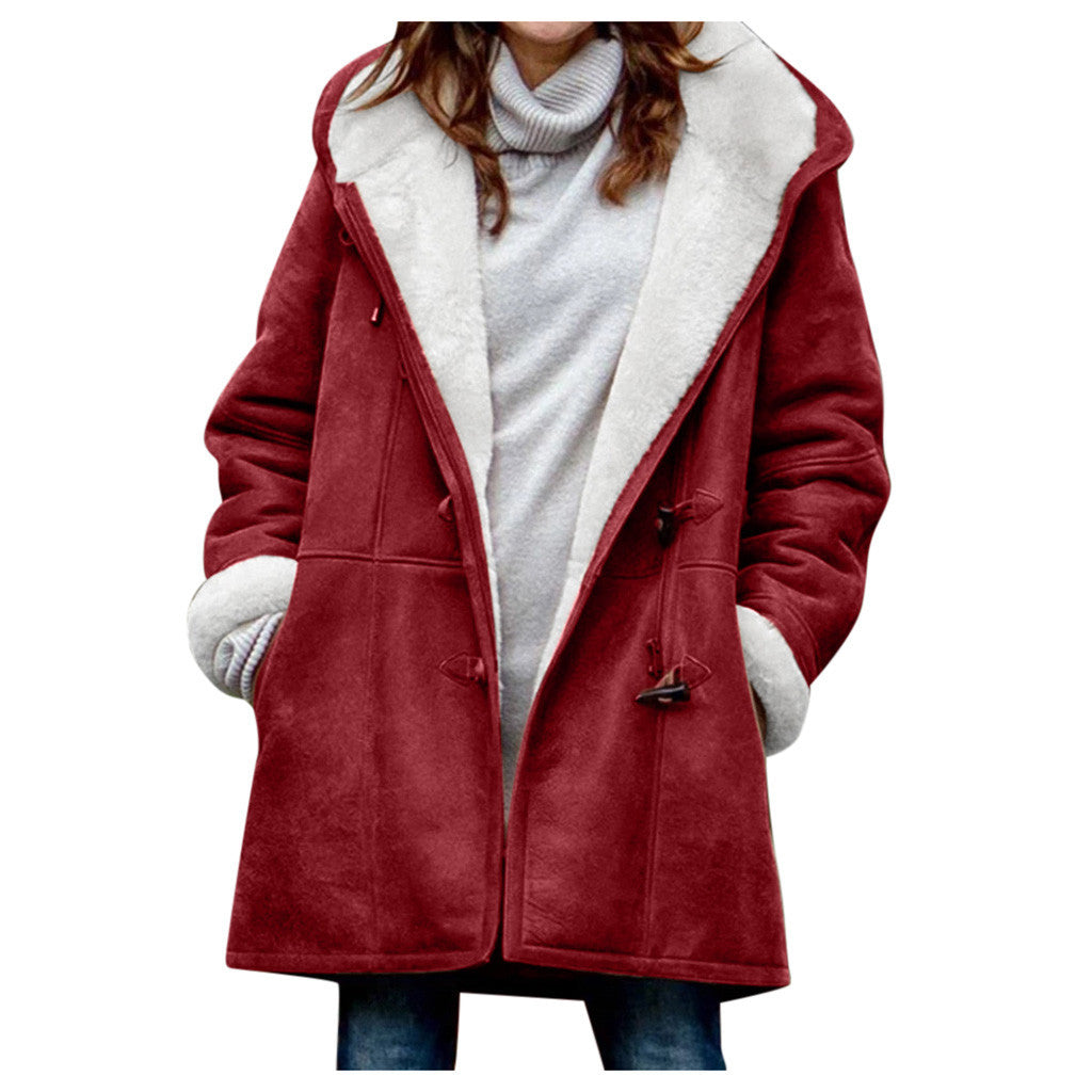 Winter Button Coat Fashion Warm Hooded Jacket With Pockets Women's Clothing