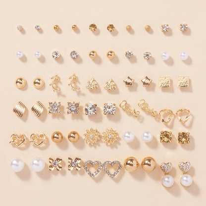 A Set of 30 Pairs of Stylish Alloy Heart-Shaped Faux Gemstone Letter Earrings.